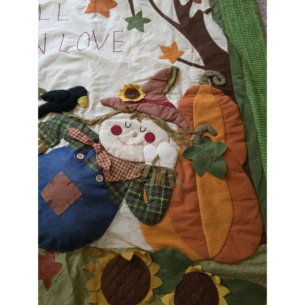 Handmade Fall In Love Quilt Blanket 50x60 Scarecrow Pumpkin Sunflower Autumn